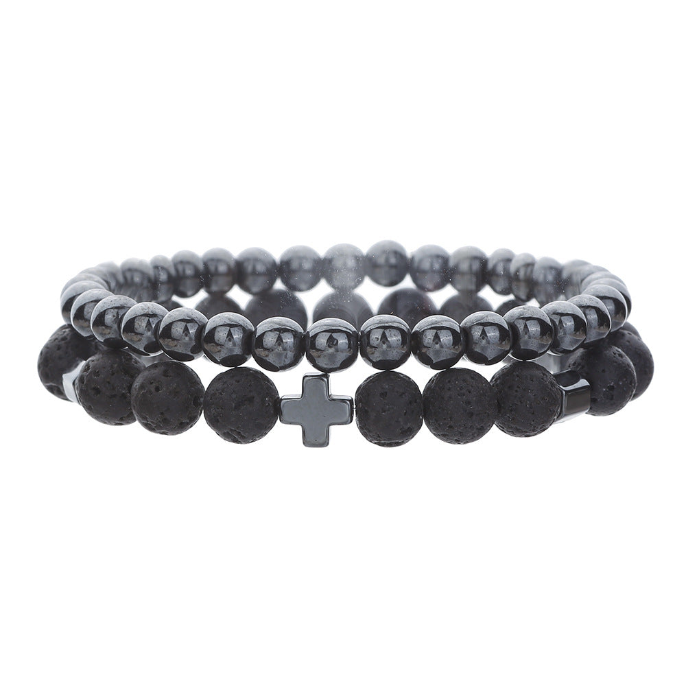 Cross-border fashion volcanic stone tiger's eye stone black gallstone bracelet men's trendy men's simple fashion cross beaded bracelet