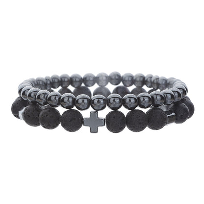 Cross-border fashion volcanic stone tiger's eye stone black gallstone bracelet men's trendy men's simple fashion cross beaded bracelet