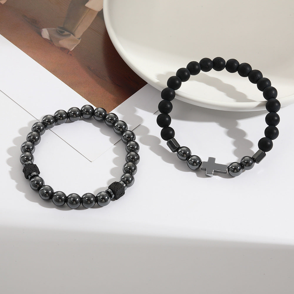 Cross-border new men's beaded bracelet set, black matte black gallstone cross bracelet elastic bracelet combination