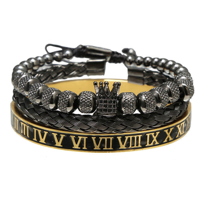 European and American retro versatile crown woven bracelet bracelet set, dripping oil Roman letter woven stainless steel bracelet