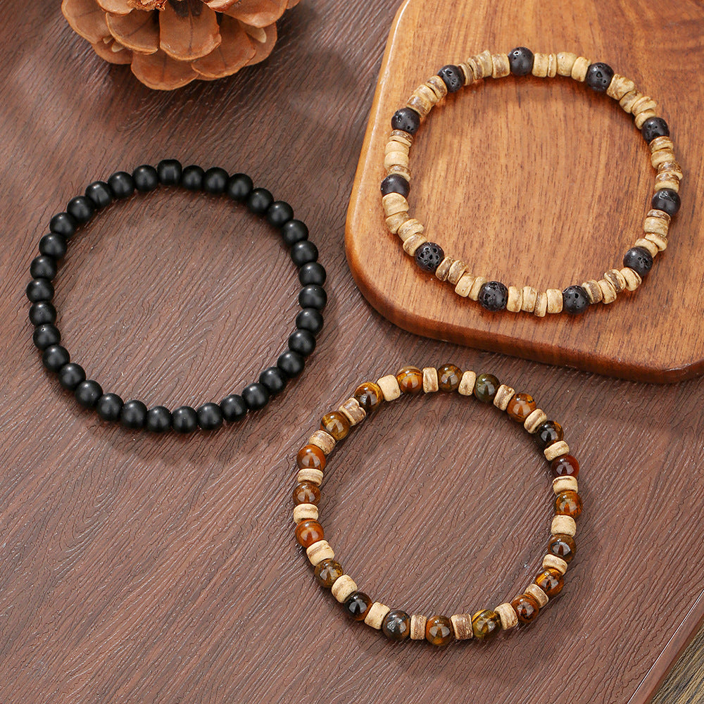 Cross-border best-selling handmade bead bracelets for men, vintage style multi-layer elastic tiger's eye stone wood beads coconut shell bracelets