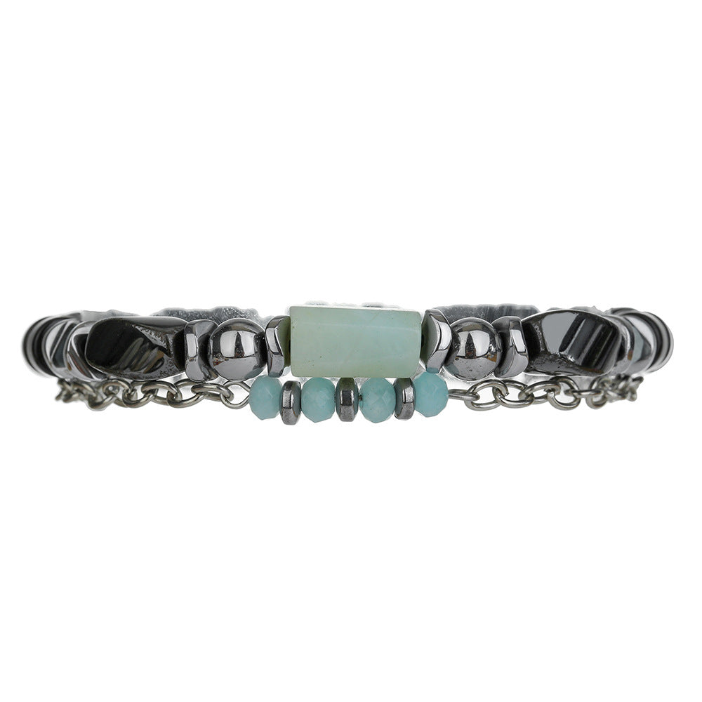 Natural stone and wood bead bracelet men's black matte beaded adjustable chain bracelet multi-layer stacked men's bracelet combination