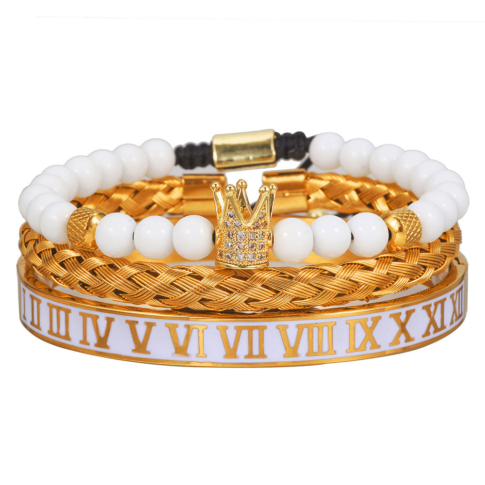 Zircon Skull Leopard Head Crown Bracelet Stainless Steel Men's White Oil Drip Roman Numeral Bracelet Set