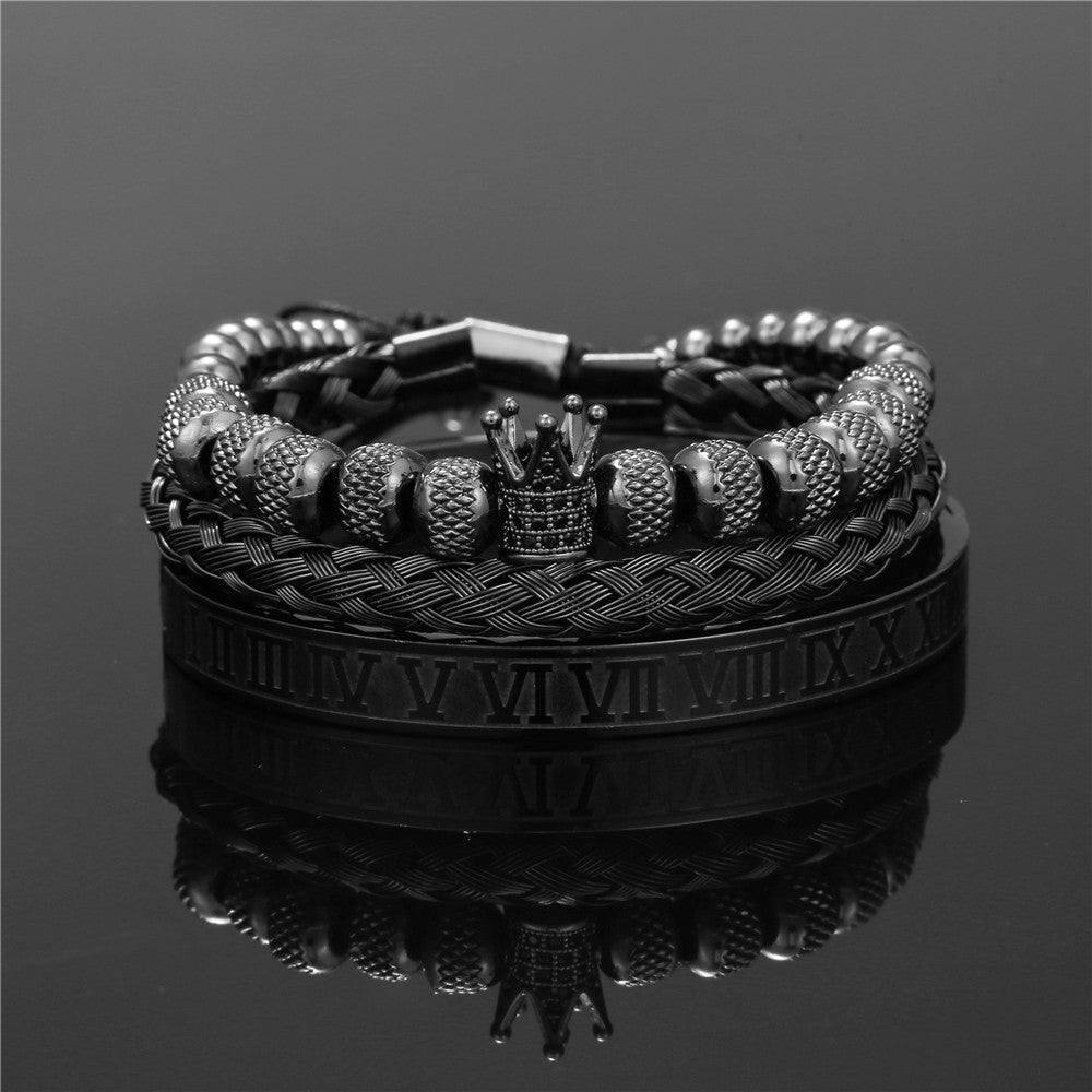 Copper micro-inlaid zircon double leopard head black agate woven bracelet men's stainless steel Roman bracelet stacked bracelet combination