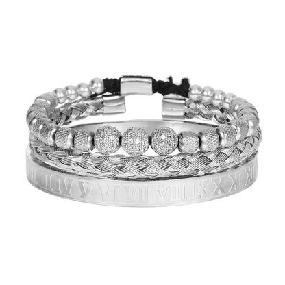 Amazon Hot Sale Men's Bracelet Woven Pineapple Bead Zircon Diamond Ball Three-piece Stainless Steel Roman Numeral Bracelet