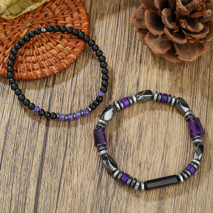 Natural stone and wood bead bracelet men's black matte beaded adjustable chain bracelet multi-layer stacked men's bracelet combination