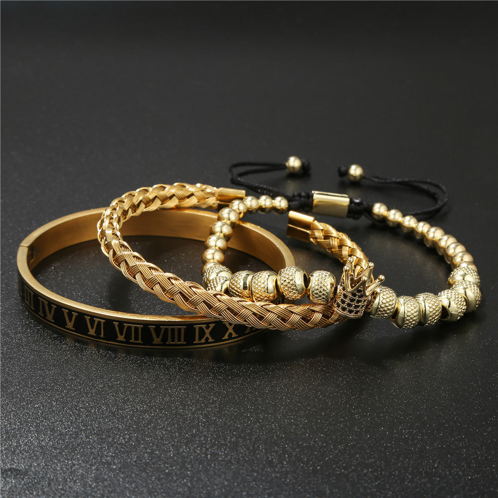 European and American retro versatile crown woven bracelet bracelet set, dripping oil Roman letter woven stainless steel bracelet