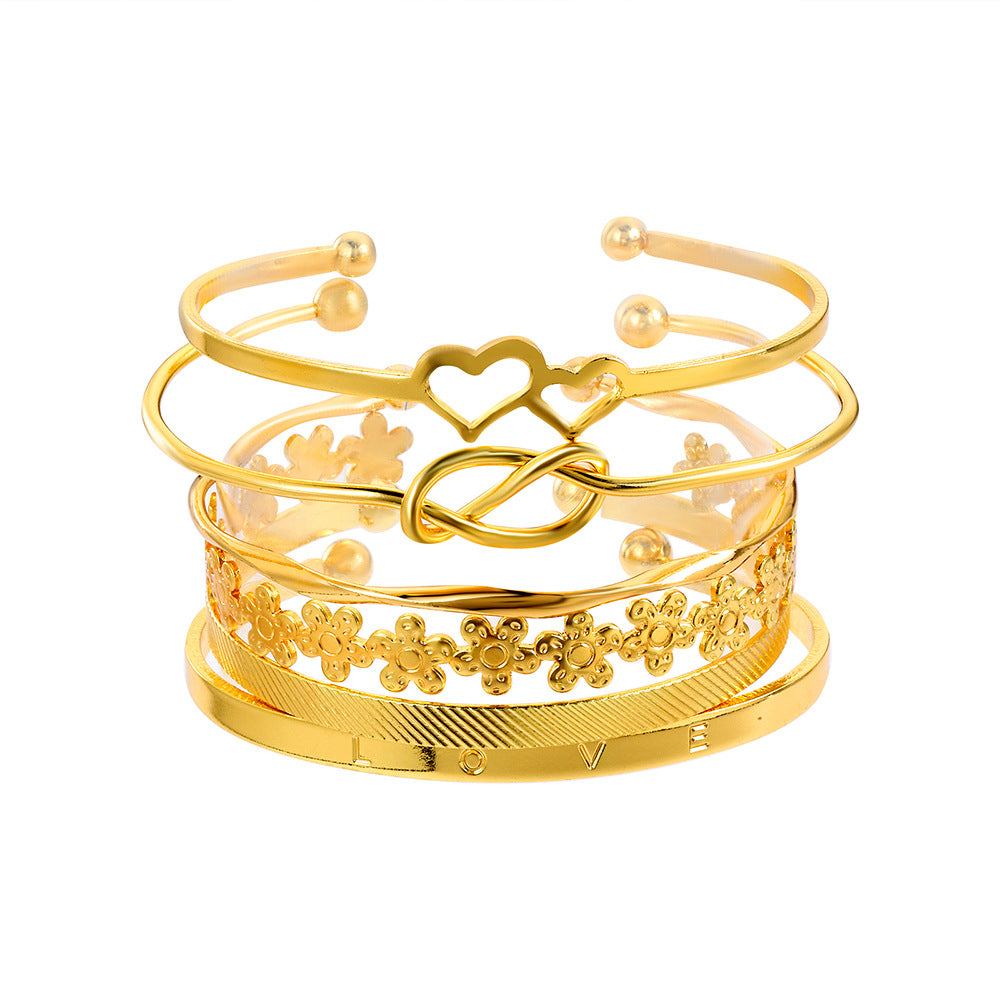 European and American cross-border alloy love knotted flower bracelet set geometric metal cross-stacked wear LOVE open bracelet