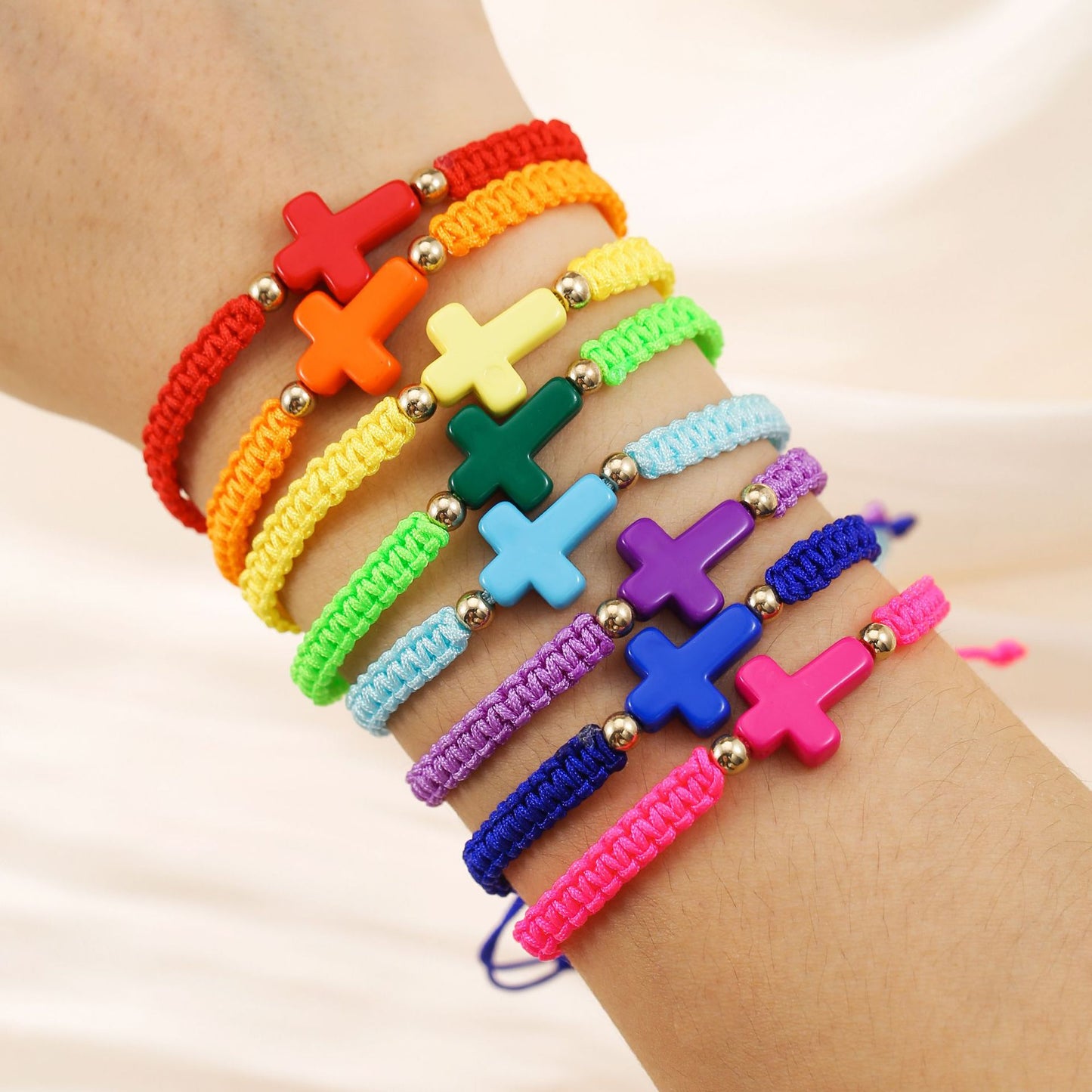Cross-border fashion rope woven cross bracelet bohemian color hand rope adjustable stacked couple bracelet