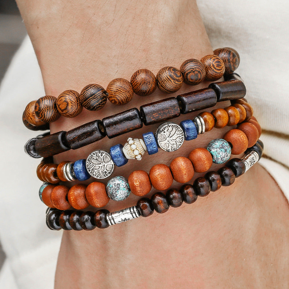 Cross-border hot-selling handmade beaded bracelets, men's retro ethnic style multi-layer stacked wooden beads, tree of life bracelet accessories