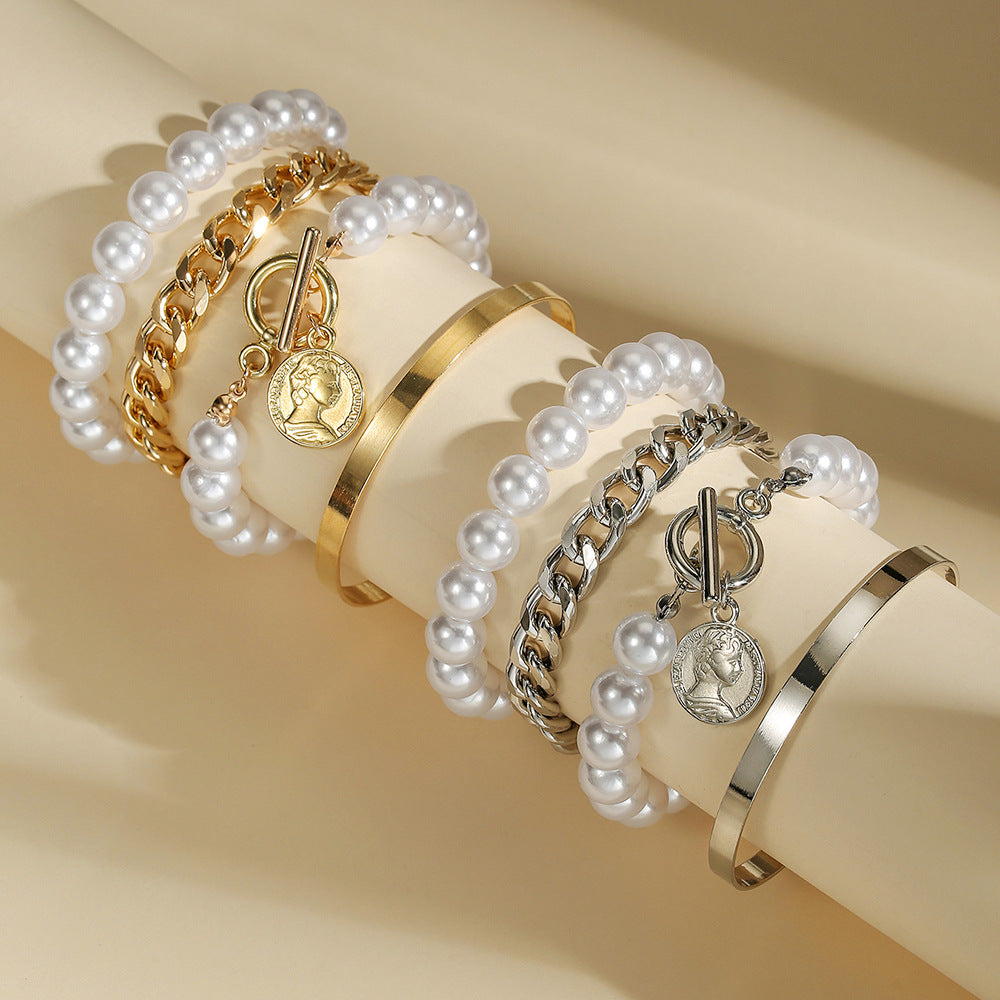 European and American cross-border hand jewelry sweet and cool multi-portrait imitation pearl bracelet set personalized NK Cuban chain jewelry women