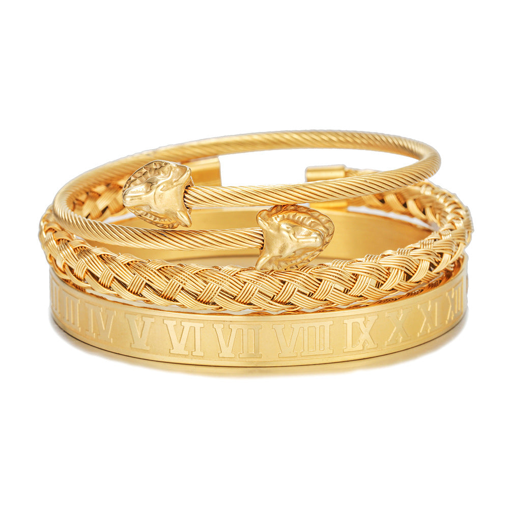 Stainless Steel Wolf Head Roman Numeral Woven Bracelet Bracelet Set Men's Vacuum Plated Titanium Steel Bracelet