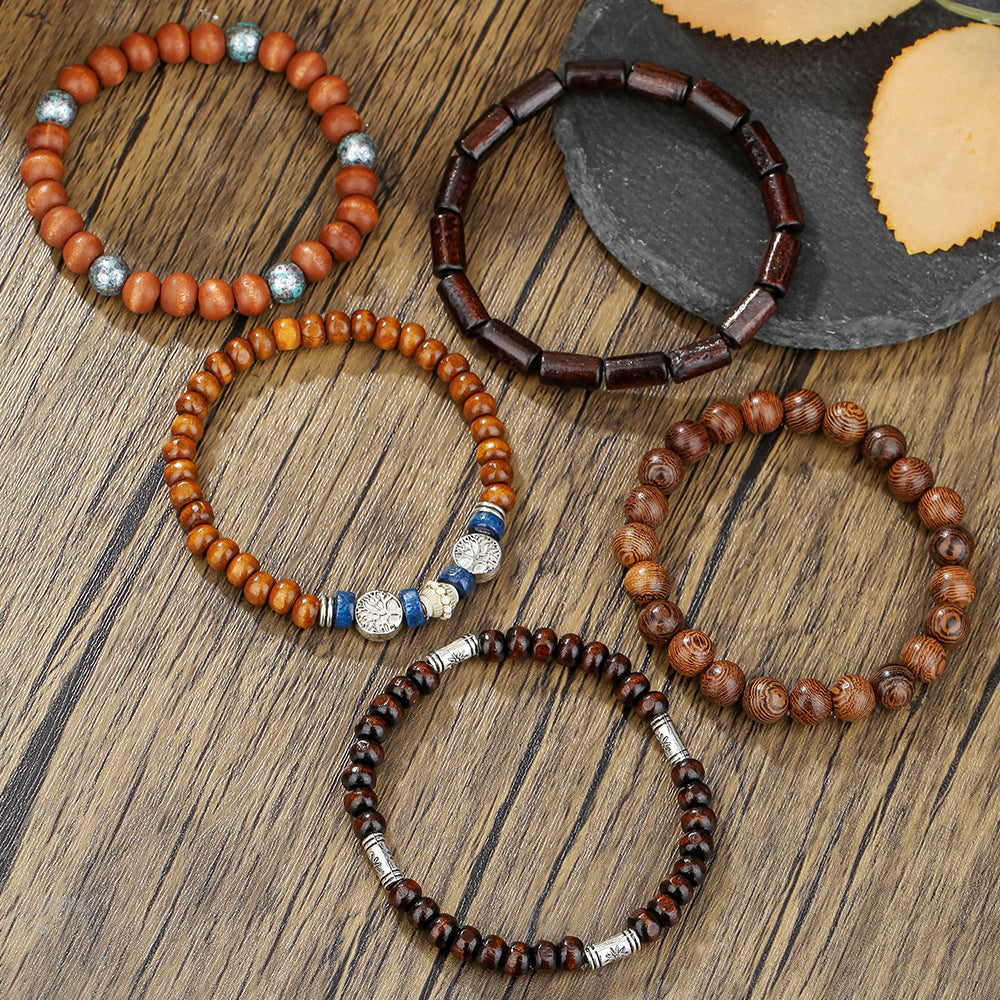 Cross-border hot-selling handmade beaded bracelets, men's retro ethnic style multi-layer stacked wooden beads, tree of life bracelet accessories