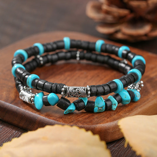 Vintage Men's Wood Bead Turquoise Bracelet Combination Multilayer Stacked Elastic Beaded Bracelet Hip Hop Vacation Bracelet Men