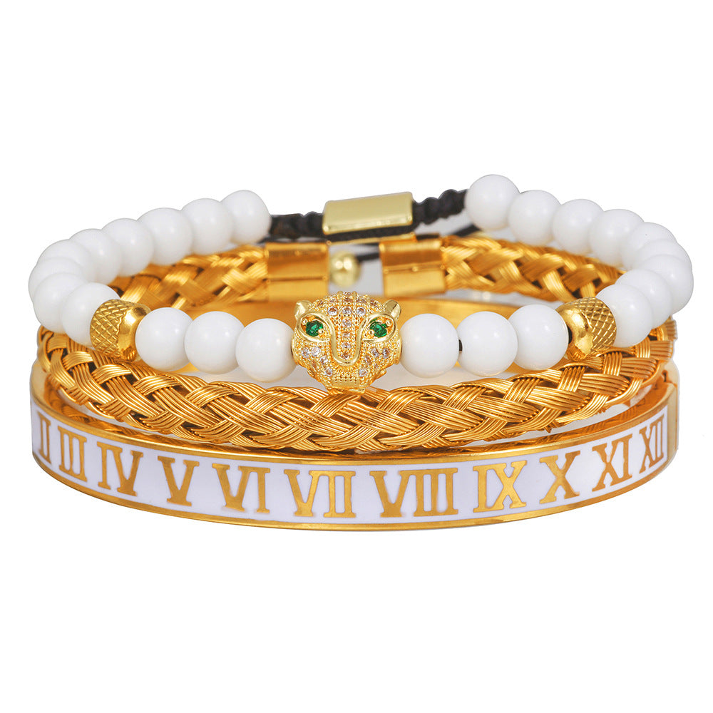 Zircon Skull Leopard Head Crown Bracelet Stainless Steel Men's White Oil Drip Roman Numeral Bracelet Set