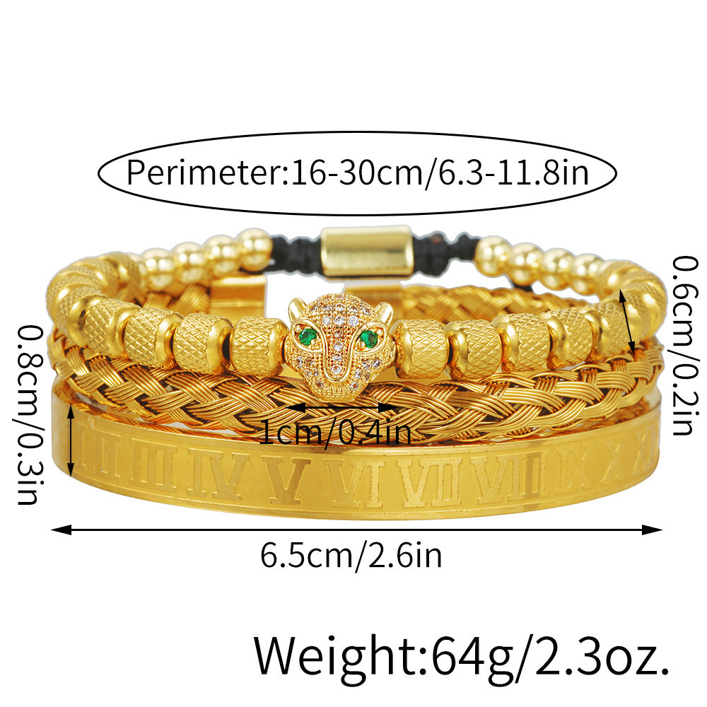 European and American retro versatile zircon leopard head woven bracelet Roman letter woven stainless steel mesh bracelet set