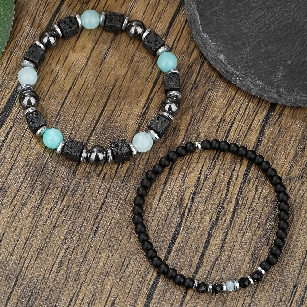 Cross-border European and American black agate volcanic stone bracelet retro ethnic style male handmade beaded bracelet vacation style bracelet