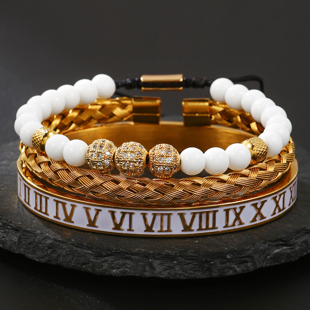 Zircon Skull Leopard Head Crown Bracelet Stainless Steel Men's White Oil Drip Roman Numeral Bracelet Set