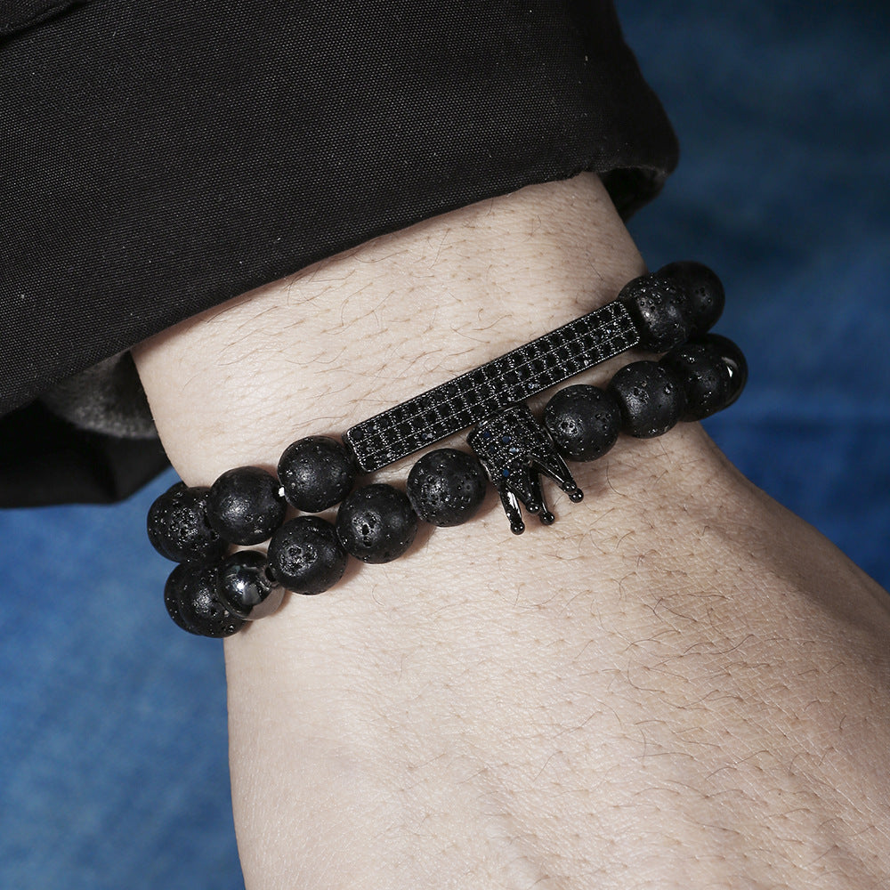 European and American new simple matte black bead volcanic stone crown black zircon bracelet set 2 elastic Buddha bead bracelets