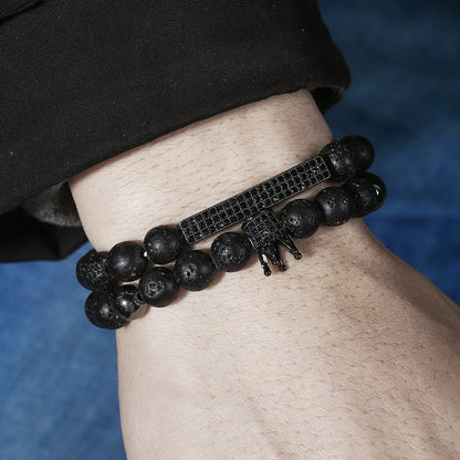 European and American new simple matte black bead volcanic stone crown black zircon bracelet set 2 elastic Buddha bead bracelets