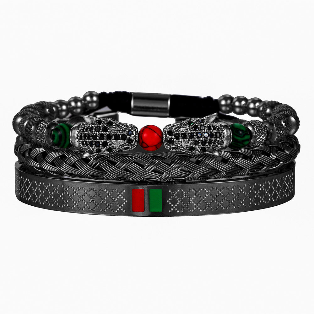 Cross-border hot-selling stainless steel zircon leopard head woven bracelet bracelet combination, fashionable C-shaped titanium steel bracelet