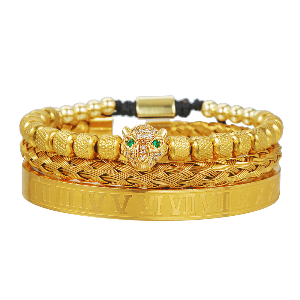 European and American retro versatile zircon leopard head woven bracelet Roman letter woven stainless steel mesh bracelet set