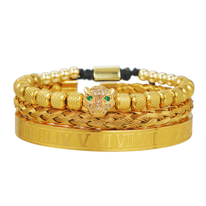 European and American retro versatile zircon leopard head woven bracelet Roman letter woven stainless steel mesh bracelet set