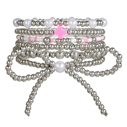 European and American cross-border hand jewelry personalized bow beaded cross multi-layer bracelet INS style imitation pearl bracelet women