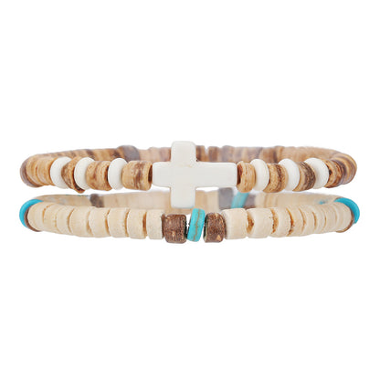 Cross-border hot-selling turquoise cross bracelet female bohemian multi-layer stacked wooden bead coconut shell bracelet couple bracelet