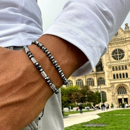 Cross-border new men's beaded bracelet set map stone black gallstone cross bracelet elastic three-piece bracelet set