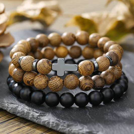 Factory direct sales cross-border hot-selling jewelry, black gallstone cross, wooden bead personalized bracelet, men's elastic bracelet set