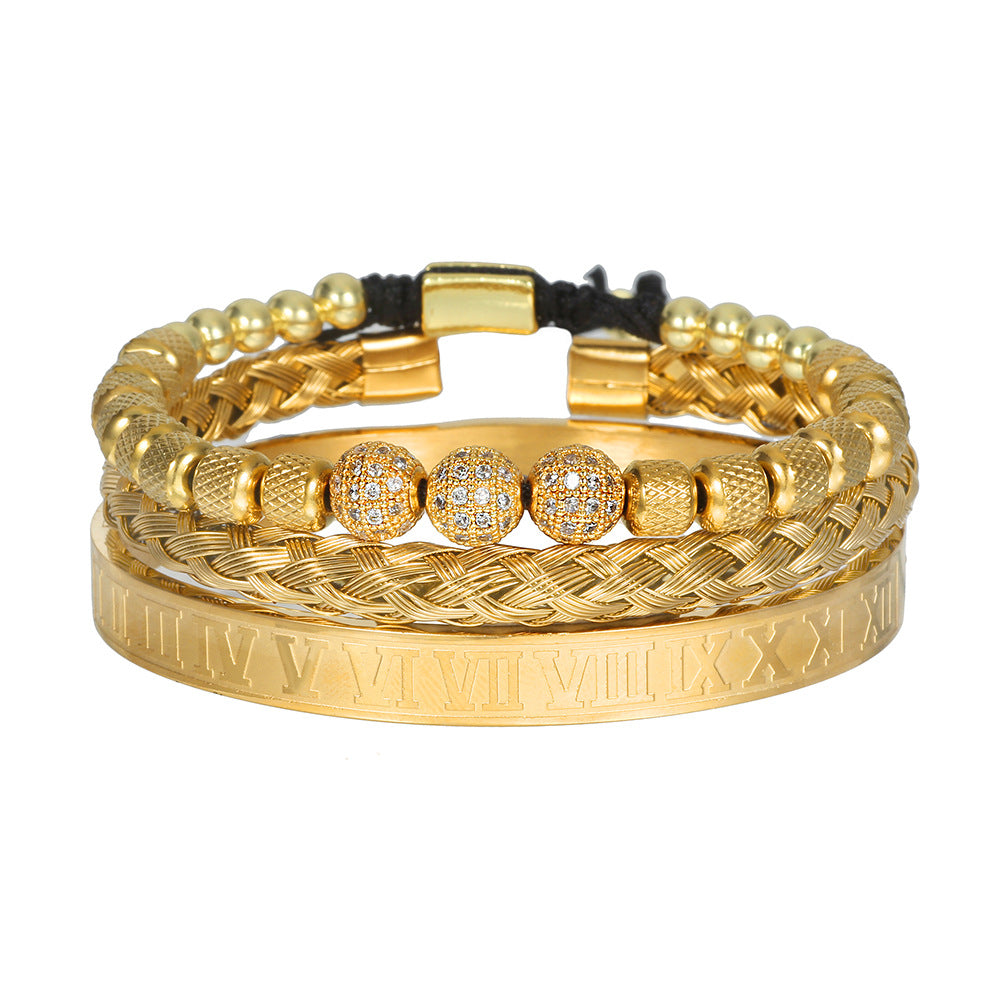 Amazon Hot Sale Men's Bracelet Woven Pineapple Bead Zircon Diamond Ball Three-piece Stainless Steel Roman Numeral Bracelet