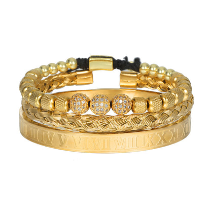 Amazon Hot Sale Men's Bracelet Woven Pineapple Bead Zircon Diamond Ball Three-piece Stainless Steel Roman Numeral Bracelet