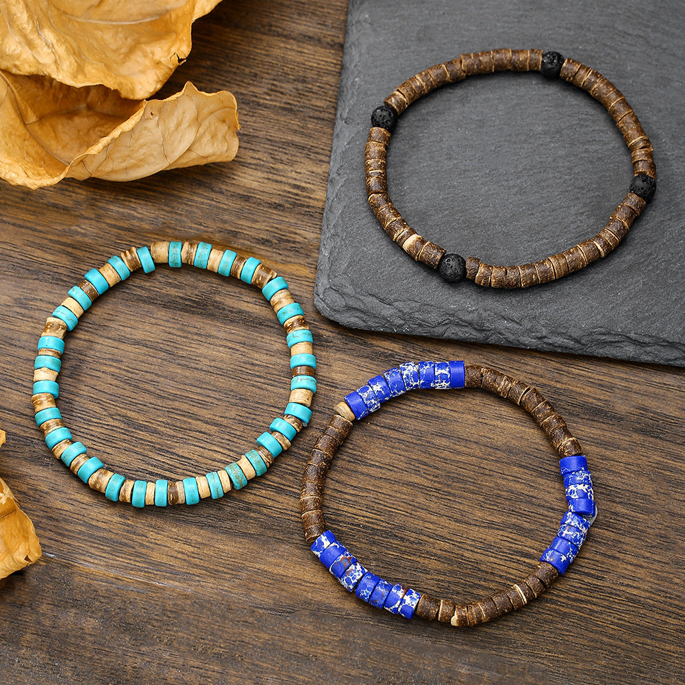 Cross-border hot-selling handmade beaded coconut shell wood chip bracelet men's retro style multi-layer stacked turquoise emperor stone bracelet