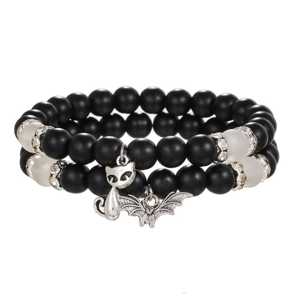 Niche design black matte couple bracelet, elastic bead cat bat pendant, stackable bracelet to give to girlfriend