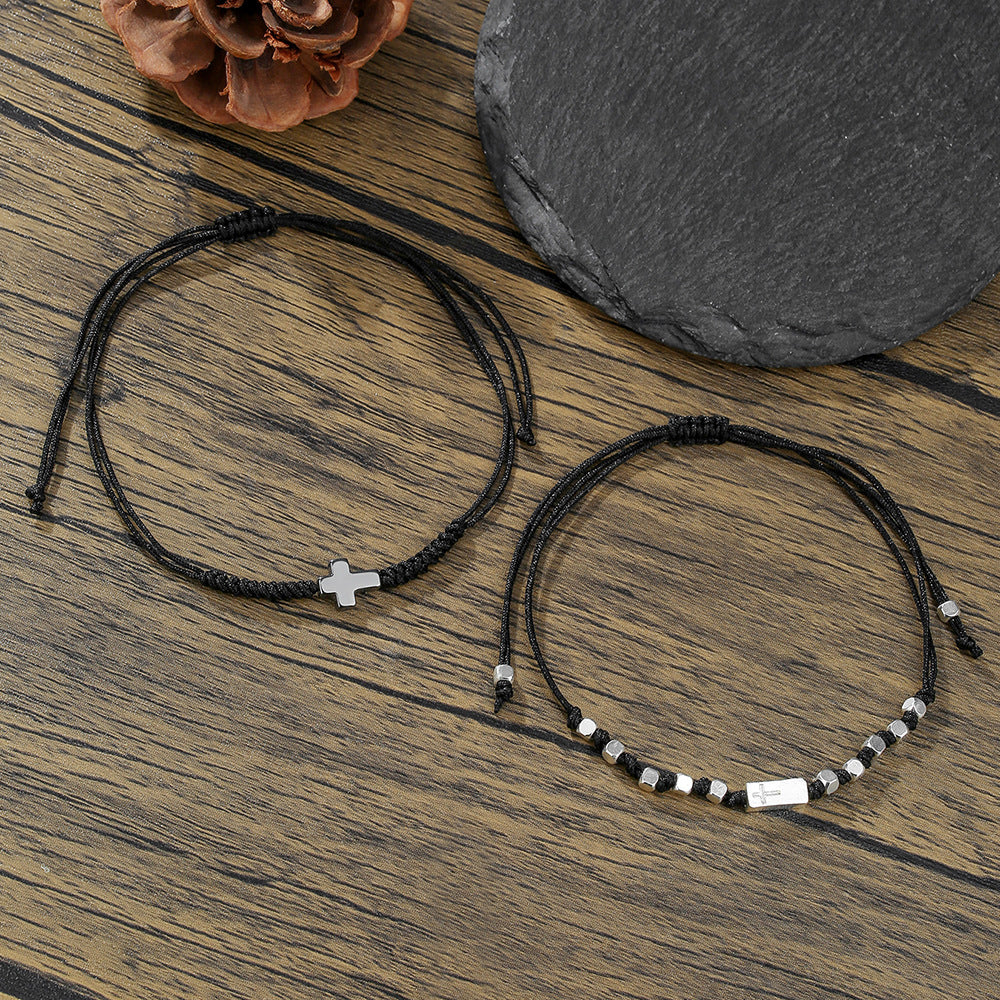 AliExpress, stylish and simple 4mm black matte copper beads wear cross elastic set bracelet bracelet accessories