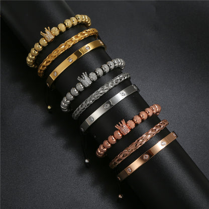 Diamond-encrusted stainless steel bracelet woven pineapple bead crown bracelet bracelet set C-shaped titanium steel open bracelet men