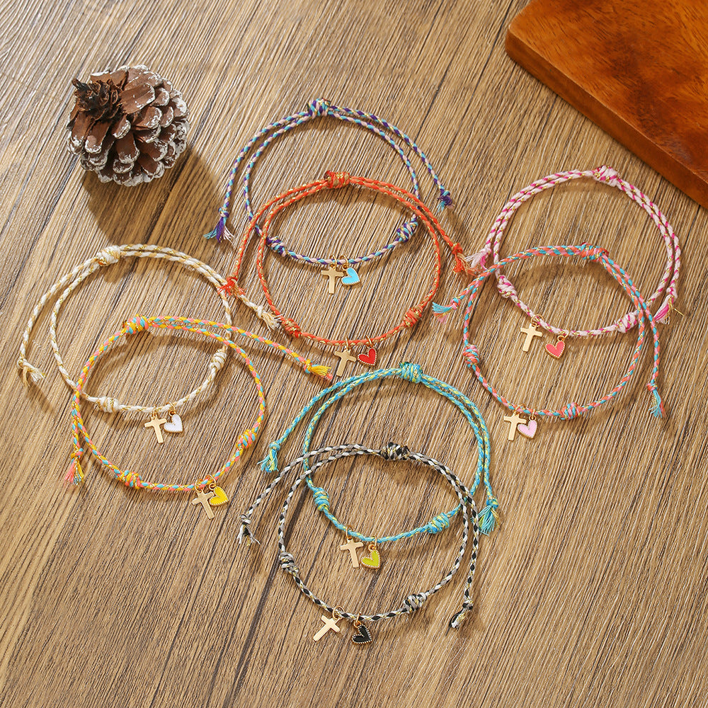 INS Rainbow Braided Love Stacked Hand Rope Couple Gold Cross Dripping Oil Peach Heart Pendant Friendship Bracelet Women