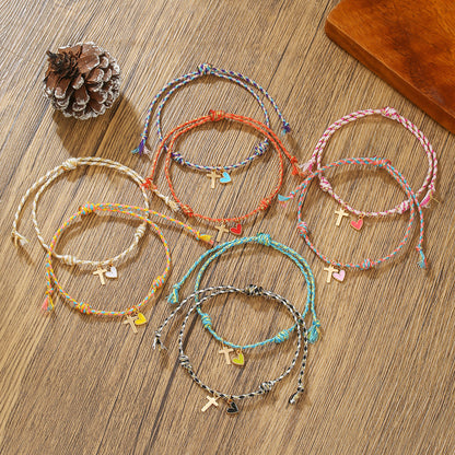 INS Rainbow Braided Love Stacked Hand Rope Couple Gold Cross Dripping Oil Peach Heart Pendant Friendship Bracelet Women