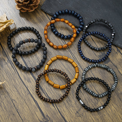 Europe and the United States cross-border hot-selling jewelry men's retro wood beads volcanic stone elastic bracelet versatile niche stacked bracelet cover