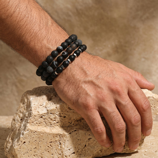 Cross-border hot-selling new men's volcanic stone bracelet, resin beaded elastic fashion personalized basalt bracelet set