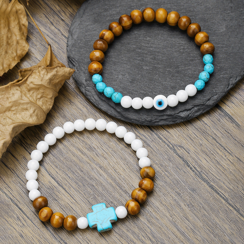 Europe and the United States cross-border couple jewelry men's fashion trend turquoise cross bracelet wood bead porcelain jade beaded bracelet men