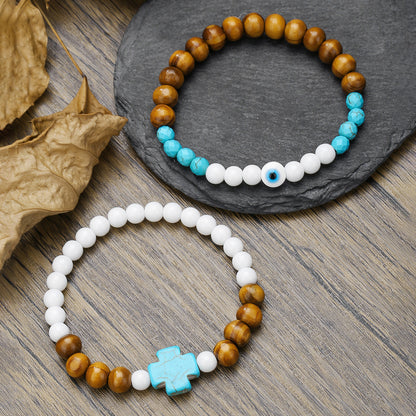 Europe and the United States cross-border couple jewelry men's fashion trend turquoise cross bracelet wood bead porcelain jade beaded bracelet men
