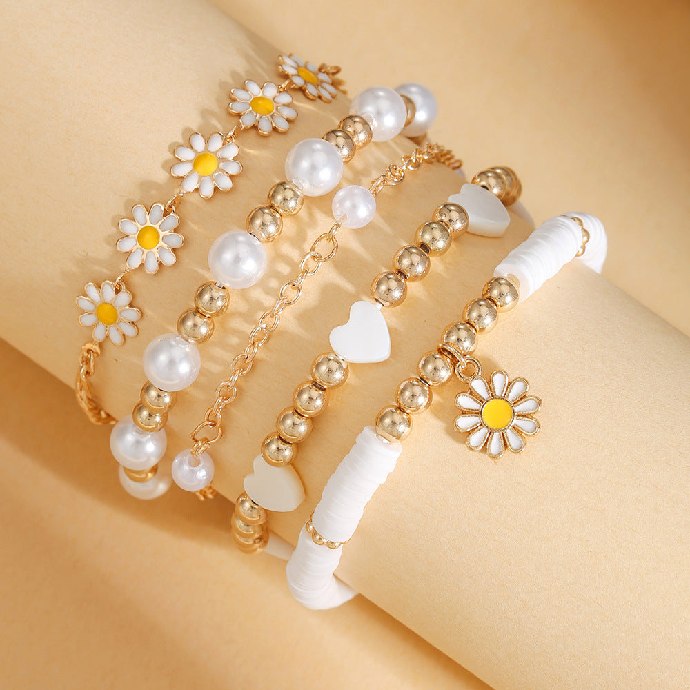 Summer new sweet and refreshing daisy bracelet women's simple flower pearl bracelet set cross-border jewelry wholesale