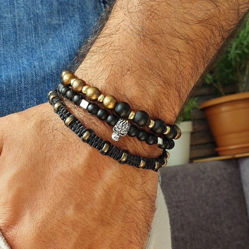 European and American retro style skull bead bracelet woven stacked punk suit bracelet male personality black matte jewelry