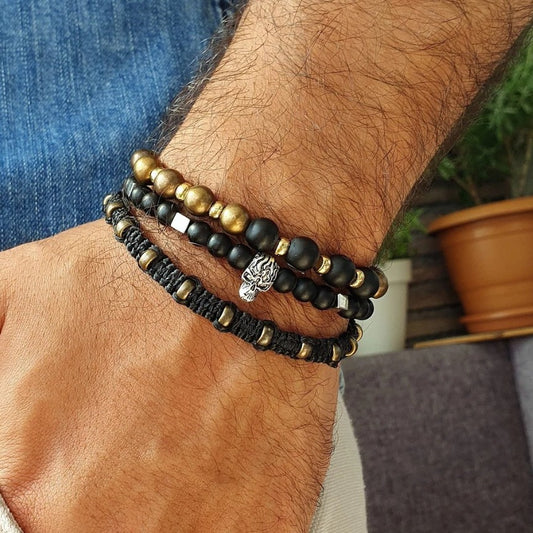 European and American retro style skull bead bracelet woven stacked punk suit bracelet male personality black matte jewelry