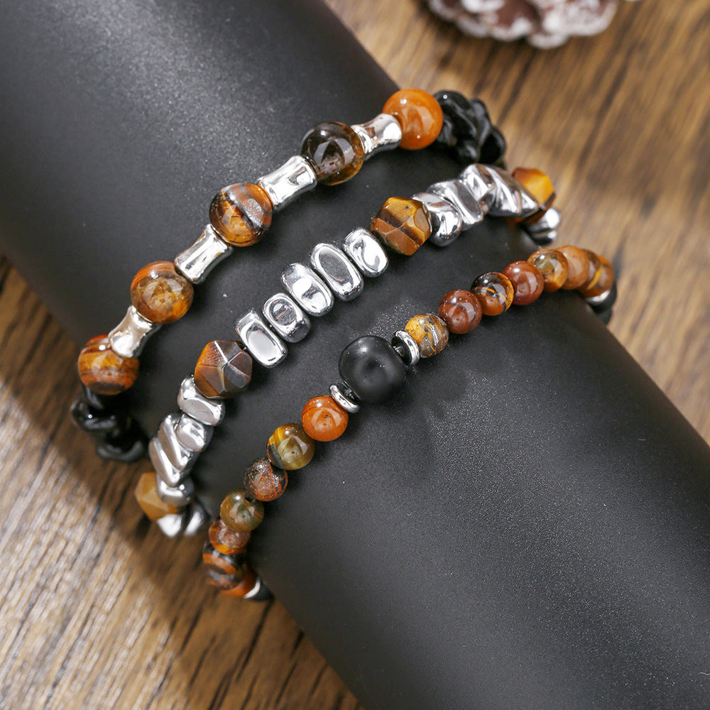 Irregular cut black gallstone broken silver tiger's eye stone elastic beaded bracelet men's business bracelet stacked bracelet