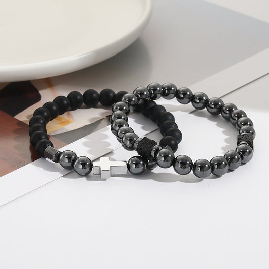 Cross-border new men's beaded bracelet set, black matte black gallstone cross bracelet elastic bracelet combination