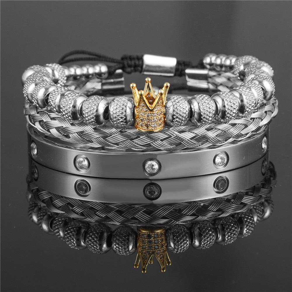 Copper micro-inlaid zircon double leopard head black agate woven bracelet men's stainless steel Roman bracelet stacked bracelet combination