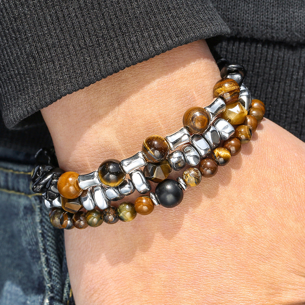 Irregular cut black gallstone broken silver tiger's eye stone elastic beaded bracelet men's business bracelet stacked bracelet